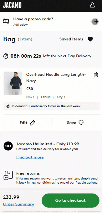 Bag page showing ‘Have a promo code?’ box at the top